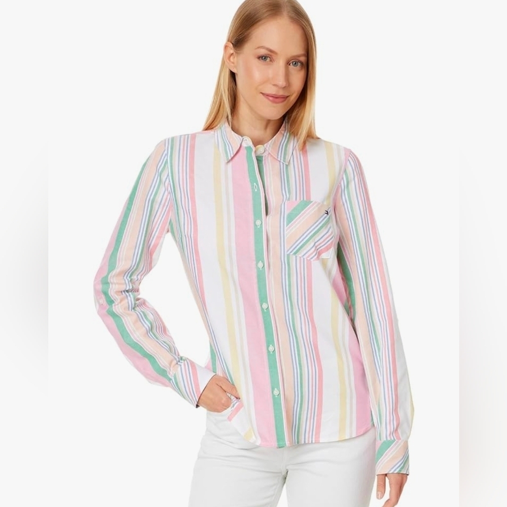 Tommy Hilfiger Multi Strip Roll Tab Pink and Green Striped Women's Shirt